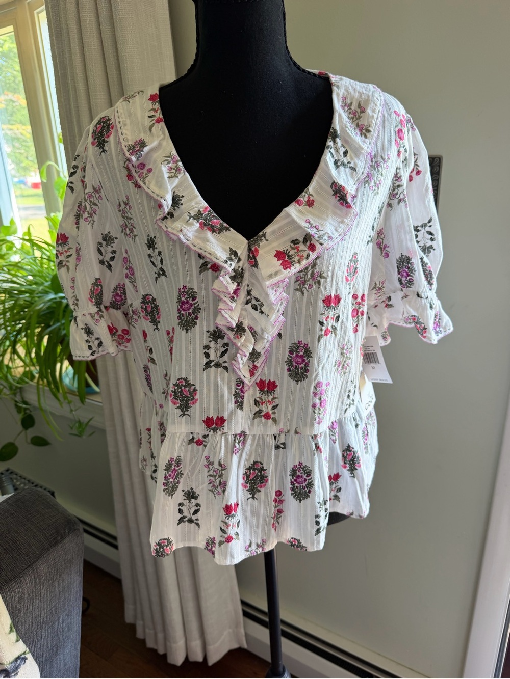 CeCe White Floral Ruffled Peplum Blouse with Pink and Green Accents